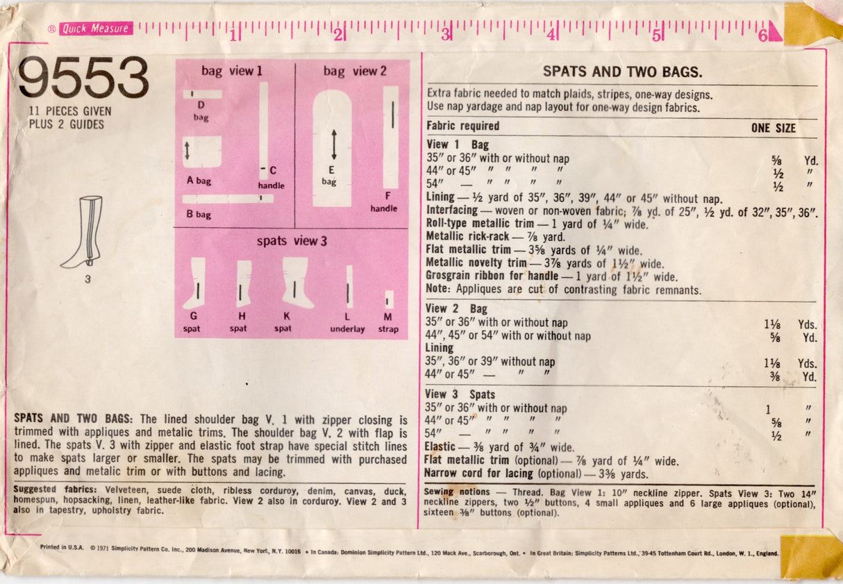 1970's Simplicity Spats and Bag Pattern - One Size - No. 9553