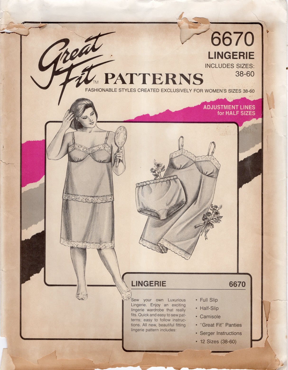 1980's Great Fit Lingerie pattern for Slip, Camisole, Half-slip and Panties - Bust 42-64" - No. 6670