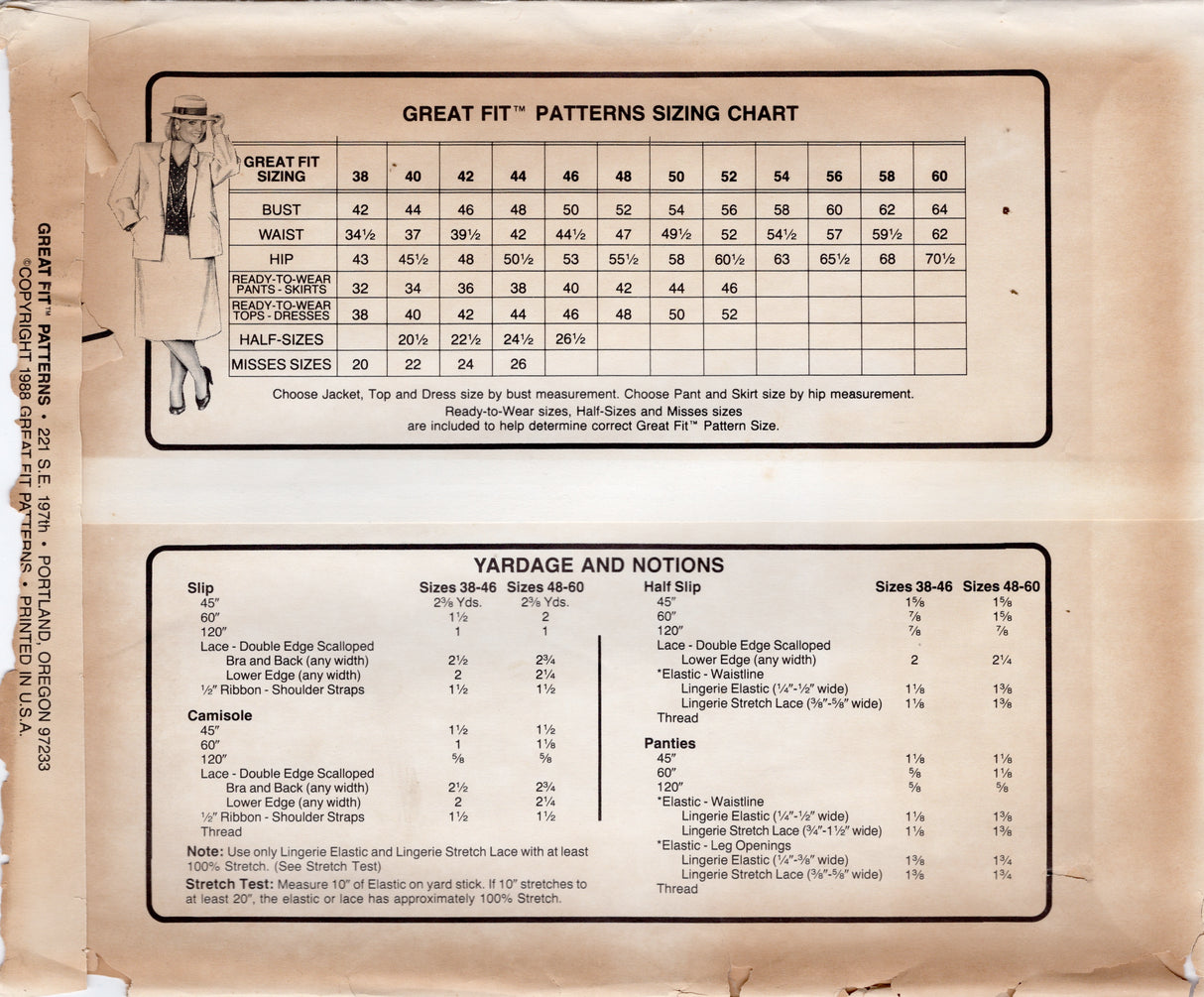 1980's Great Fit Lingerie pattern for Slip, Camisole, Half-slip and Panties - Bust 42-64" - No. 6670