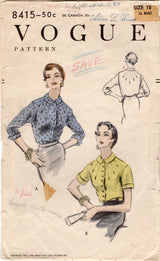1950's Vogue Button Up Blouse Pattern with Large Tuck Details - Bust 36" - No. 8415