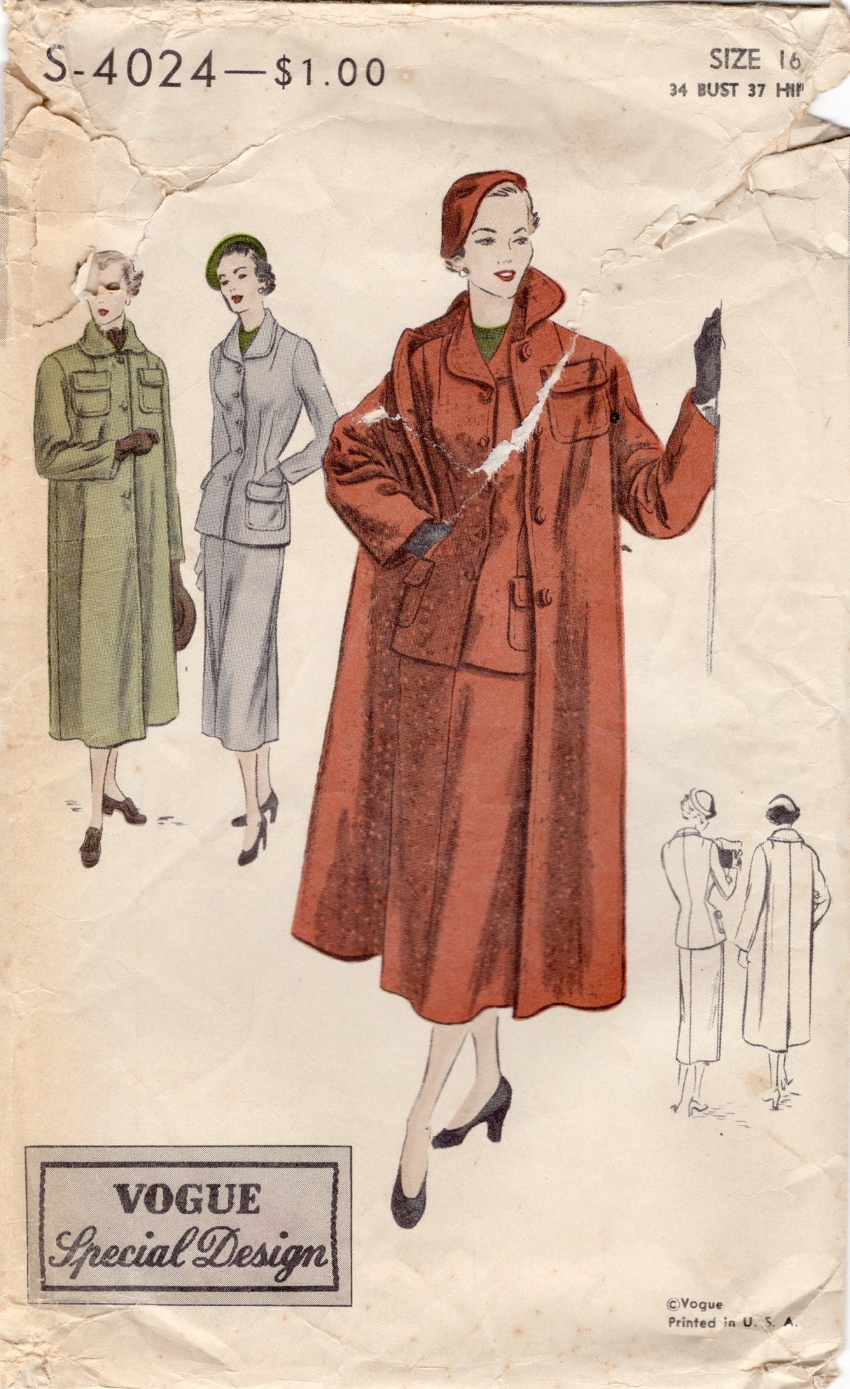 1950's Vogue Special Design Coat with Patch Pockets and Two Piece Suit Pattern - Bust 34" - No. s-4024