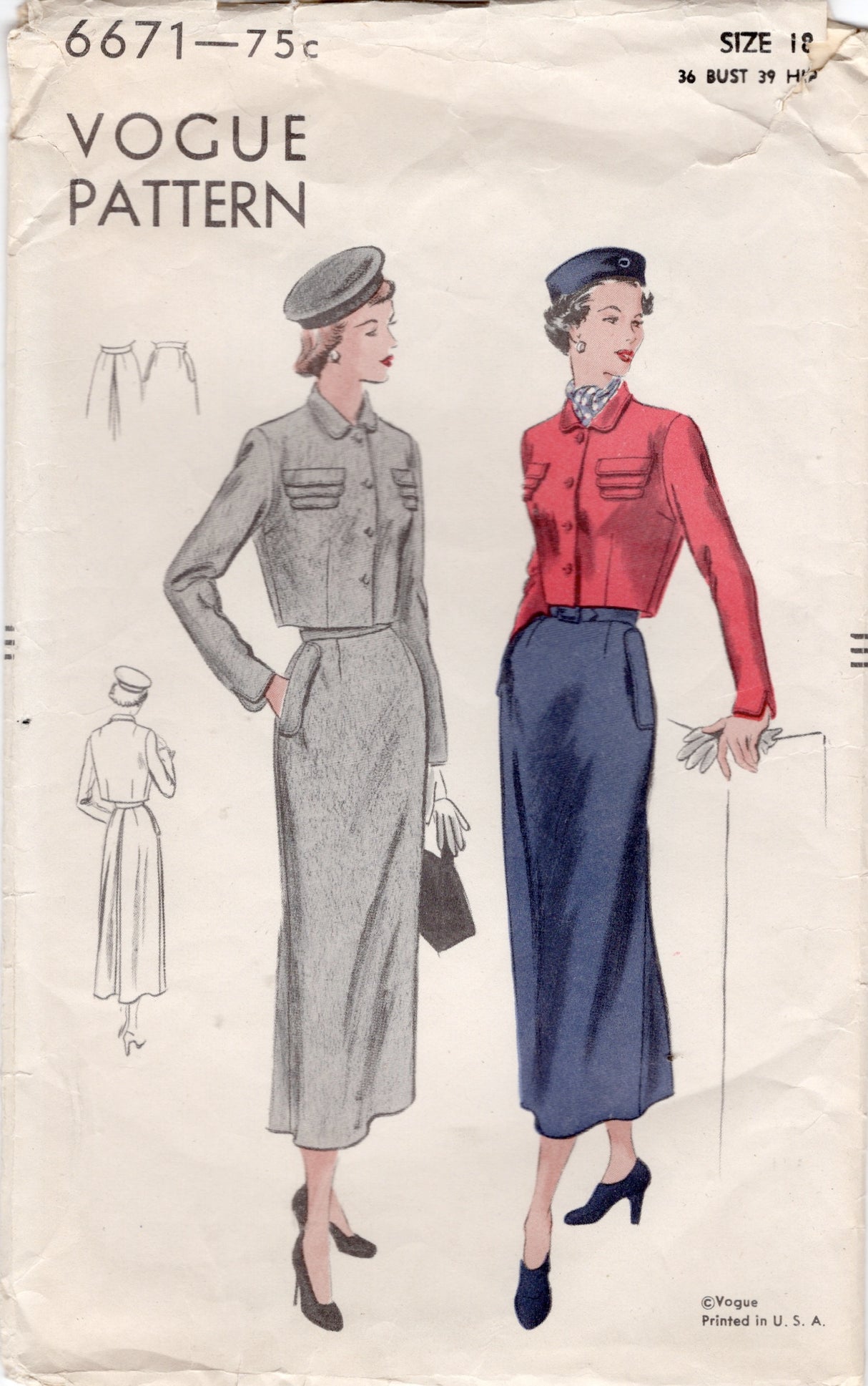 1940's Vogue Bolero Jacket and Slim Skirt pattern - Bust 36" - No. 6671