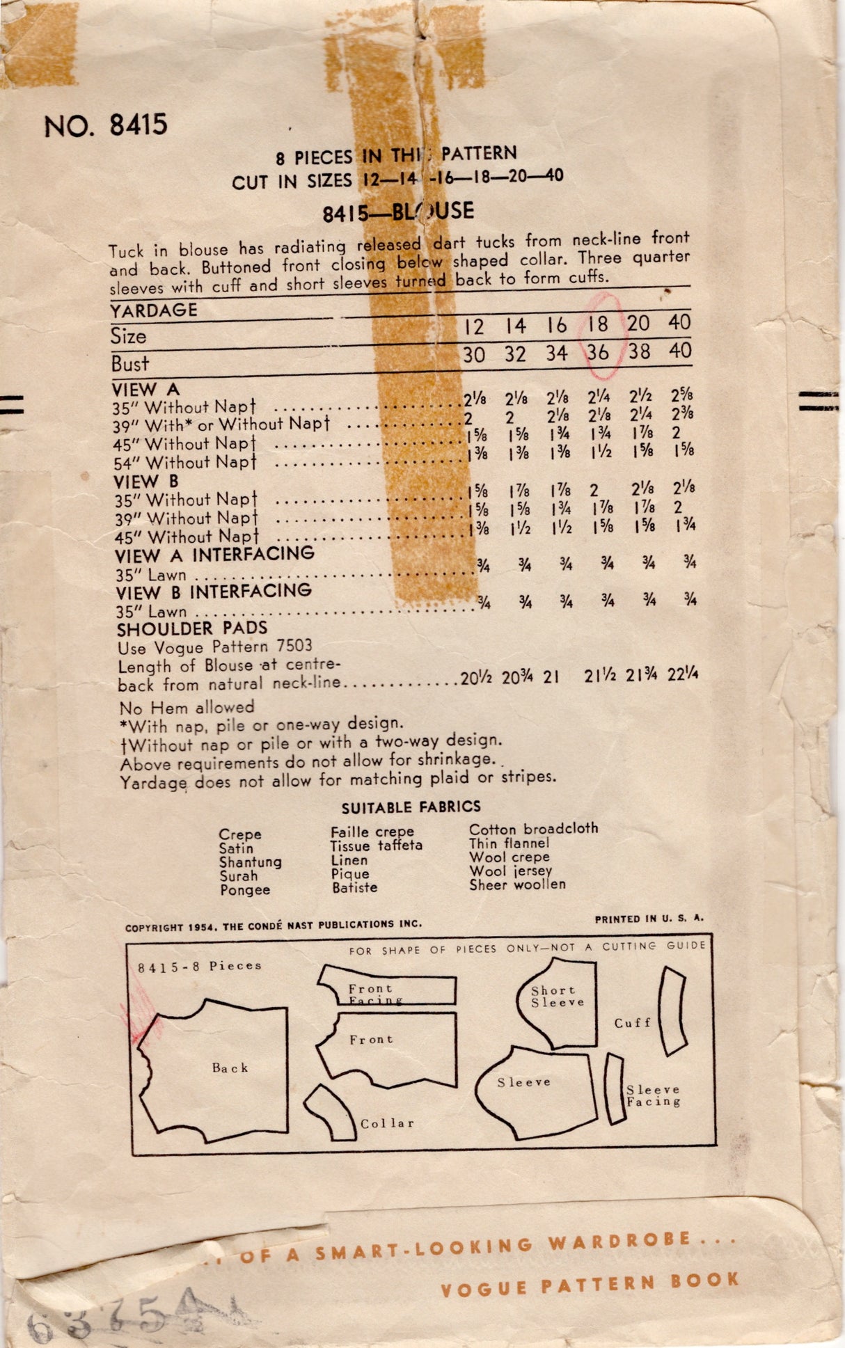 1950's Vogue Button Up Blouse Pattern with Large Tuck Details - Bust 36" - No. 8415