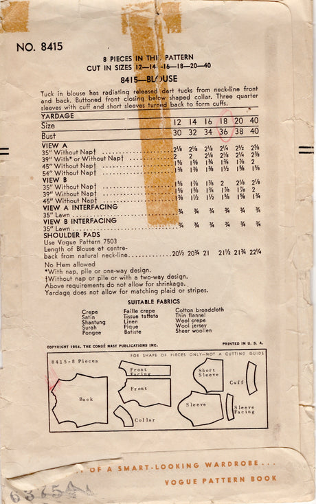 1950's Vogue Button Up Blouse Pattern with Large Tuck Details - Bust 36" - No. 8415