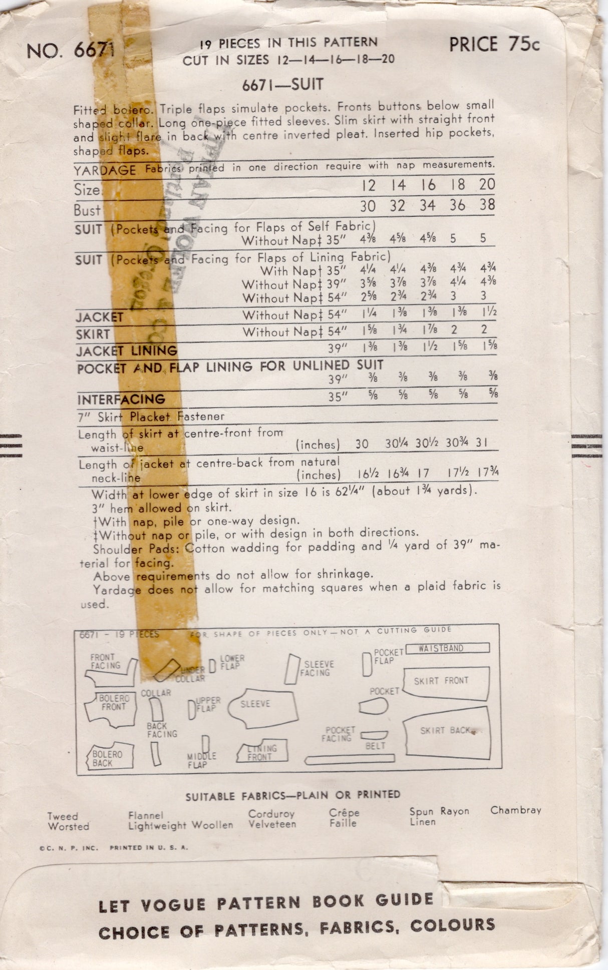 1940's Vogue Bolero Jacket and Slim Skirt pattern - Bust 36" - No. 6671