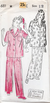 1940's New York Two Piece Pajama Pattern with Patch Pocket - Bust 30-34" - No. 681