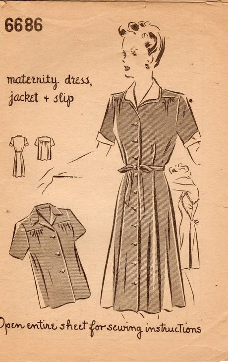 1940's Superior Maternity Button Up Dress, Jacket and Wrap Slip Pattern - Bust 32" - No. 6686