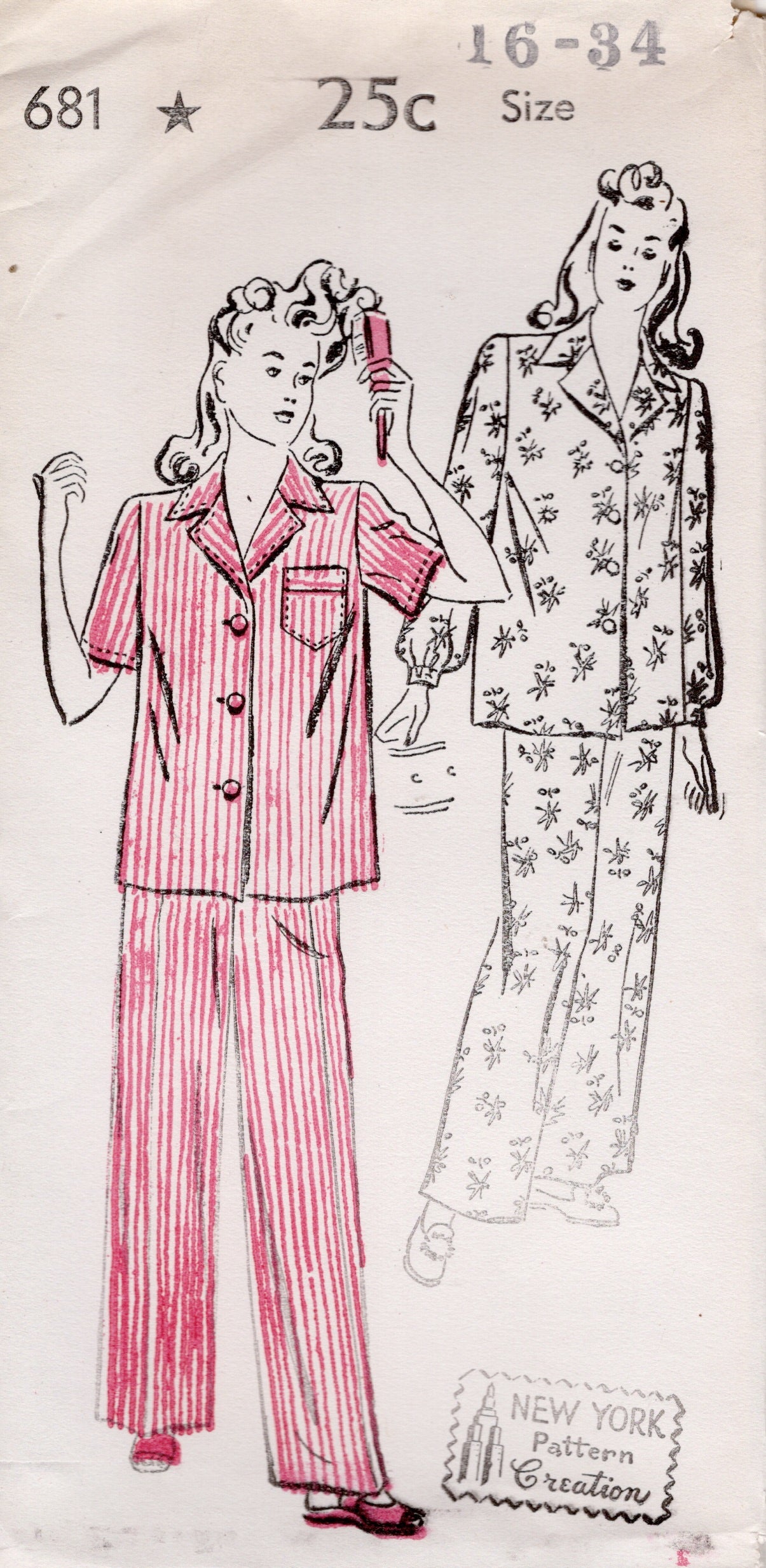 1940's New York Two Piece Pajama Pattern with Patch Pocket - Bust 30-34" - No. 681