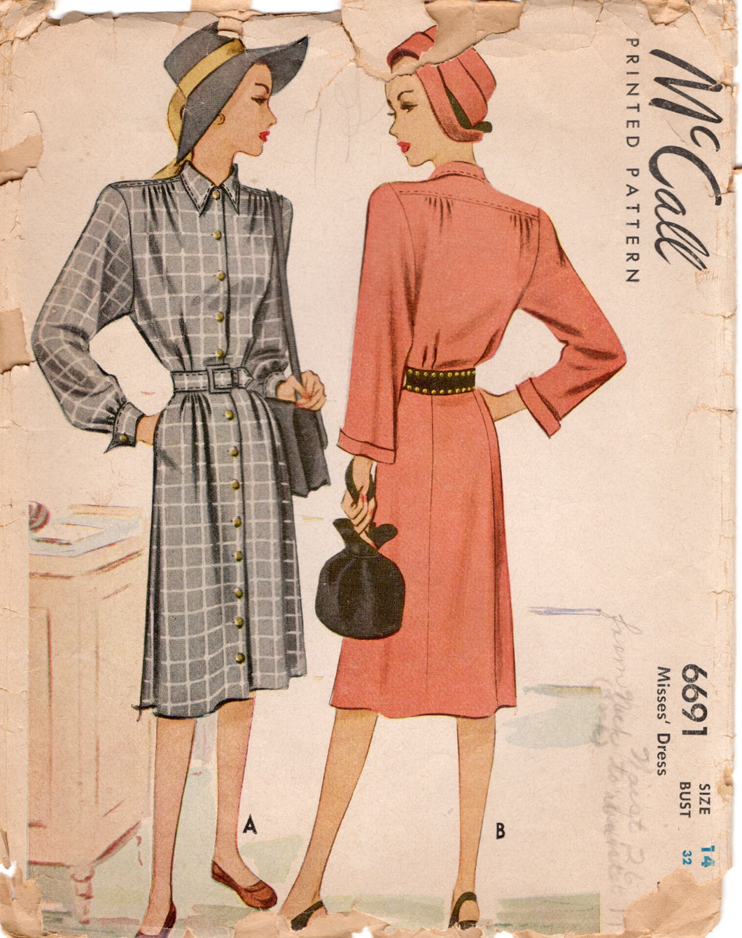 1940's McCall Button up Dress with Belt Pattern - Bust 32