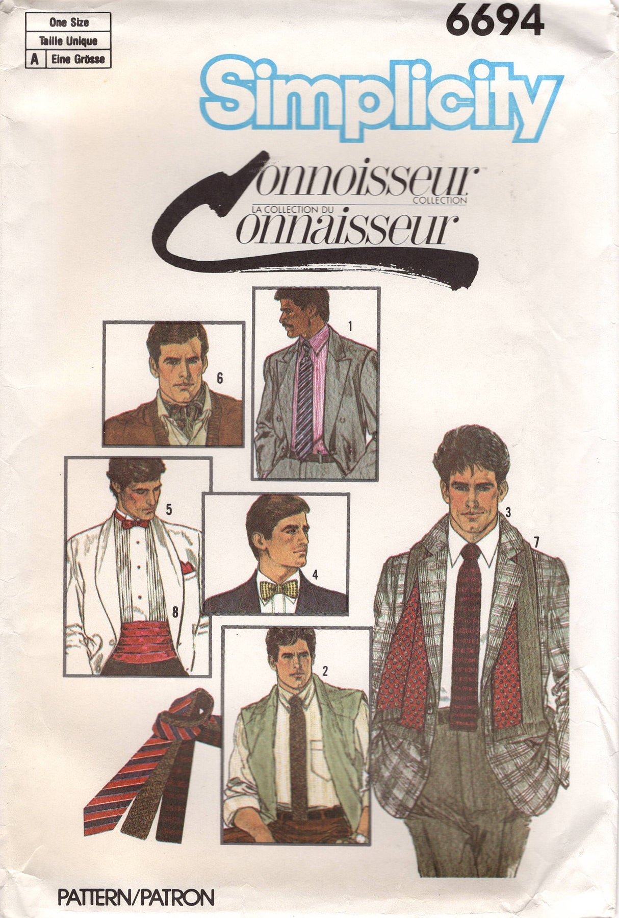 1980's Simplicity Men's Accessory Pattern: Tie, Bow Tie, Ascot and Cummerbund Pattern - One Size - No. 6694