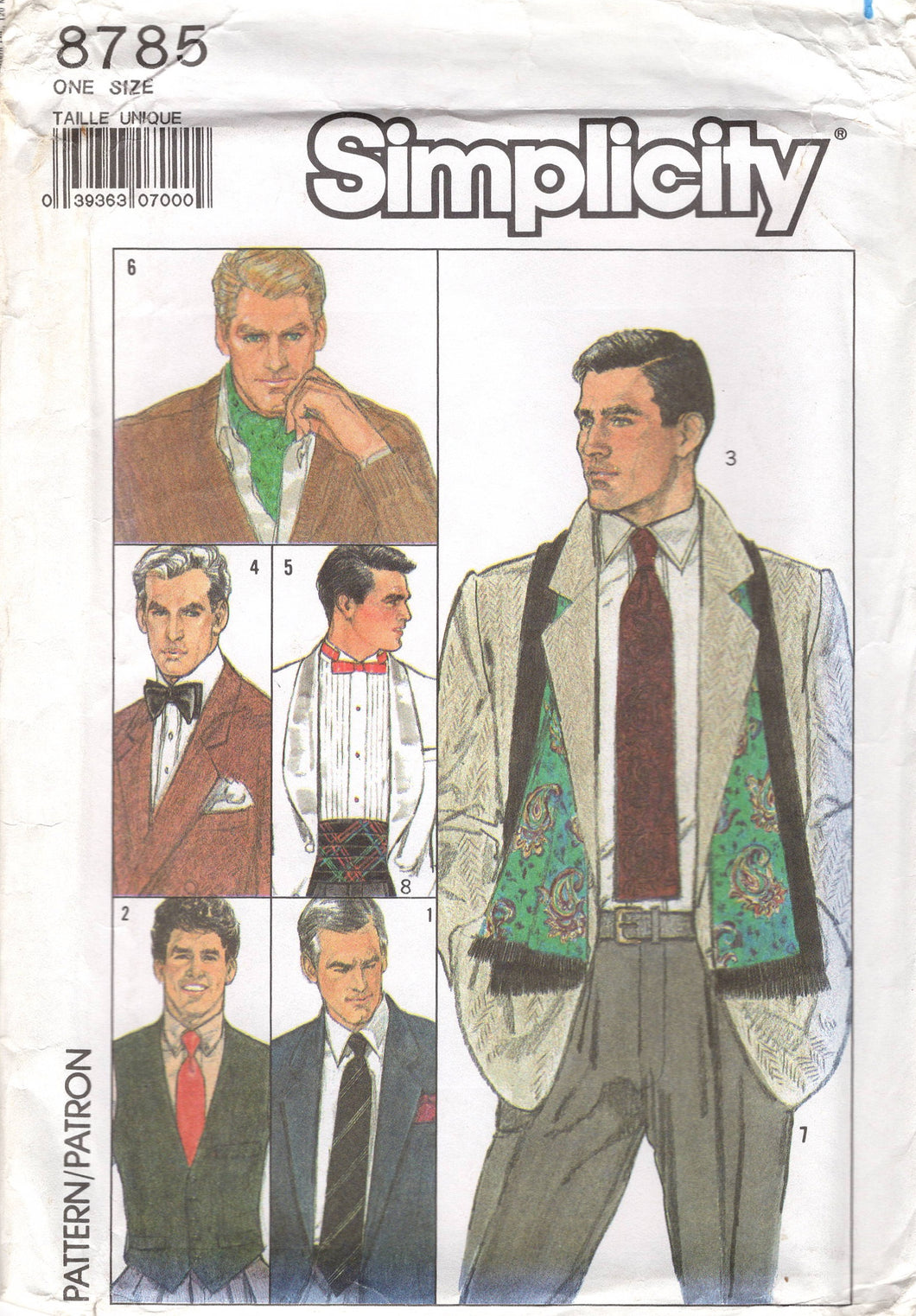 1990's Simplicity Men's Accessory Pattern: Tie, Bow Tie, Ascot and Cummerbund Pattern - One Size - No. 8785