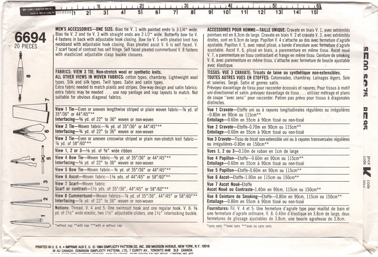 1980's Simplicity Men's Accessory Pattern: Tie, Bow Tie, Ascot and Cummerbund Pattern - One Size - No. 6694
