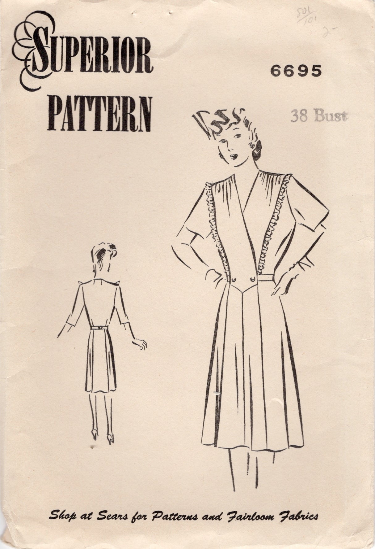 1940's Superior One Piece Button Detail Dress Pattern - Bust 38" - No. 6695