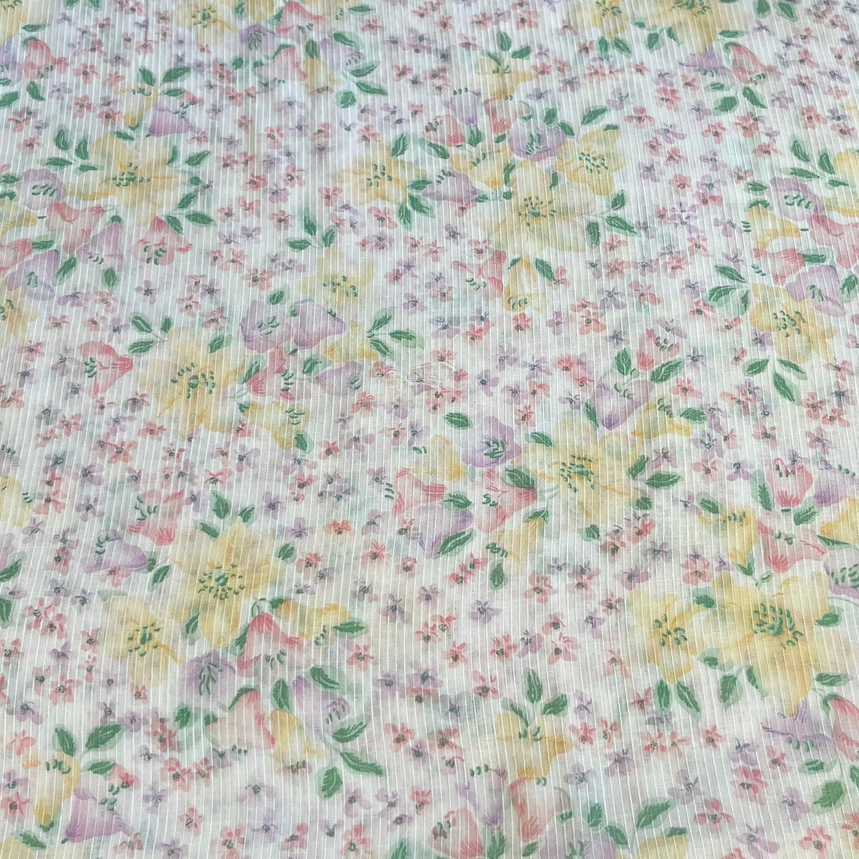 1980’s White Single Bar Dimity with Pastel flowers Cotton Blend Fabric - (P128)