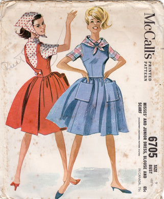 1960's McCall's One Piece Back Wrap Dress, Blouse and Scarf Pattern - Bust 30.5
