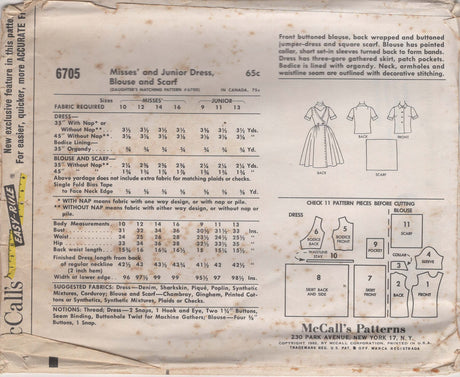 1960's McCall's Junior's Wrap Back Dress and Blouse Pattern - Bust 31.5" - No. 6705