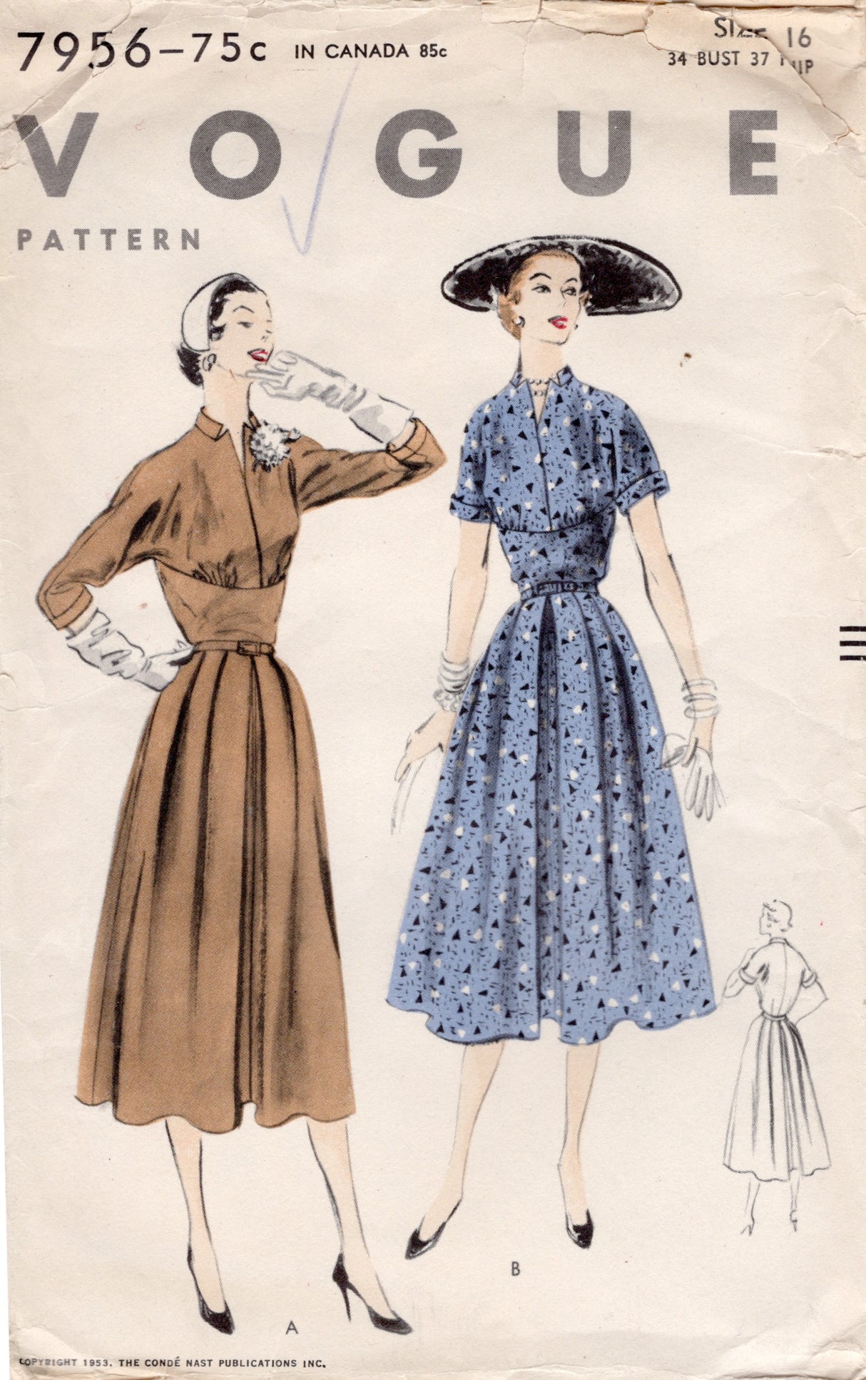 1950's Vogue Fitted Waist Dress Pattern with Dolman Sleeves and Pleated Skirt - Bust 34" - No. 7956