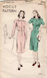 1940's Vogue Button Up Dress Pattern with Tab Accents - Bust 32" - No. 9886