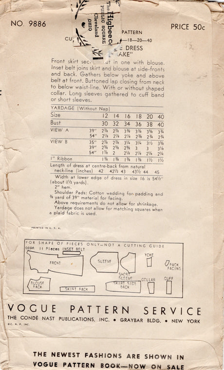 1940's Vogue Button Up Dress Pattern with Tab Accents - Bust 32" - No. 9886