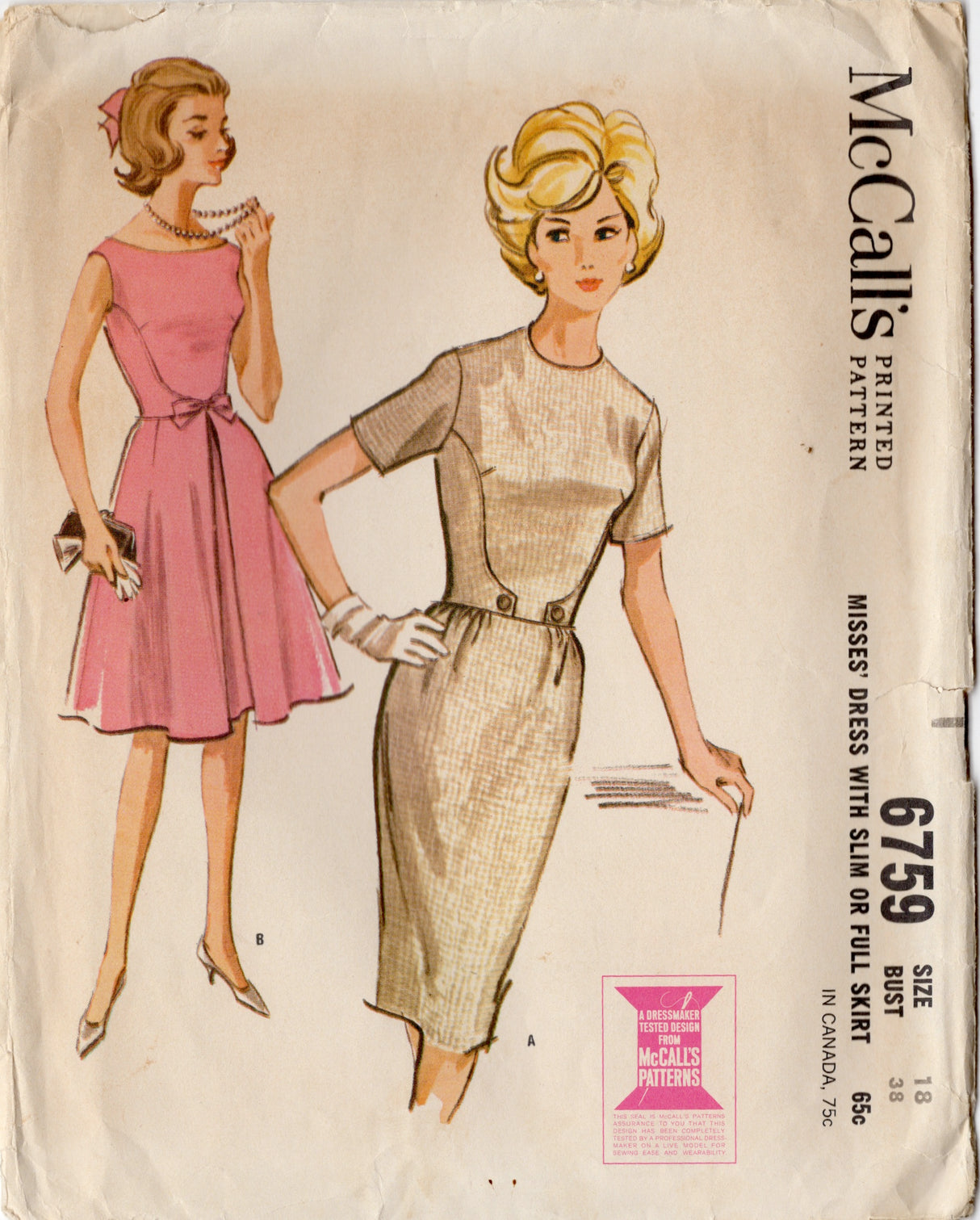 1960's McCall's Slim Fit or Flared Skirt Dress with Curved Fitted Waist detail - Bust 38" - No. 6759