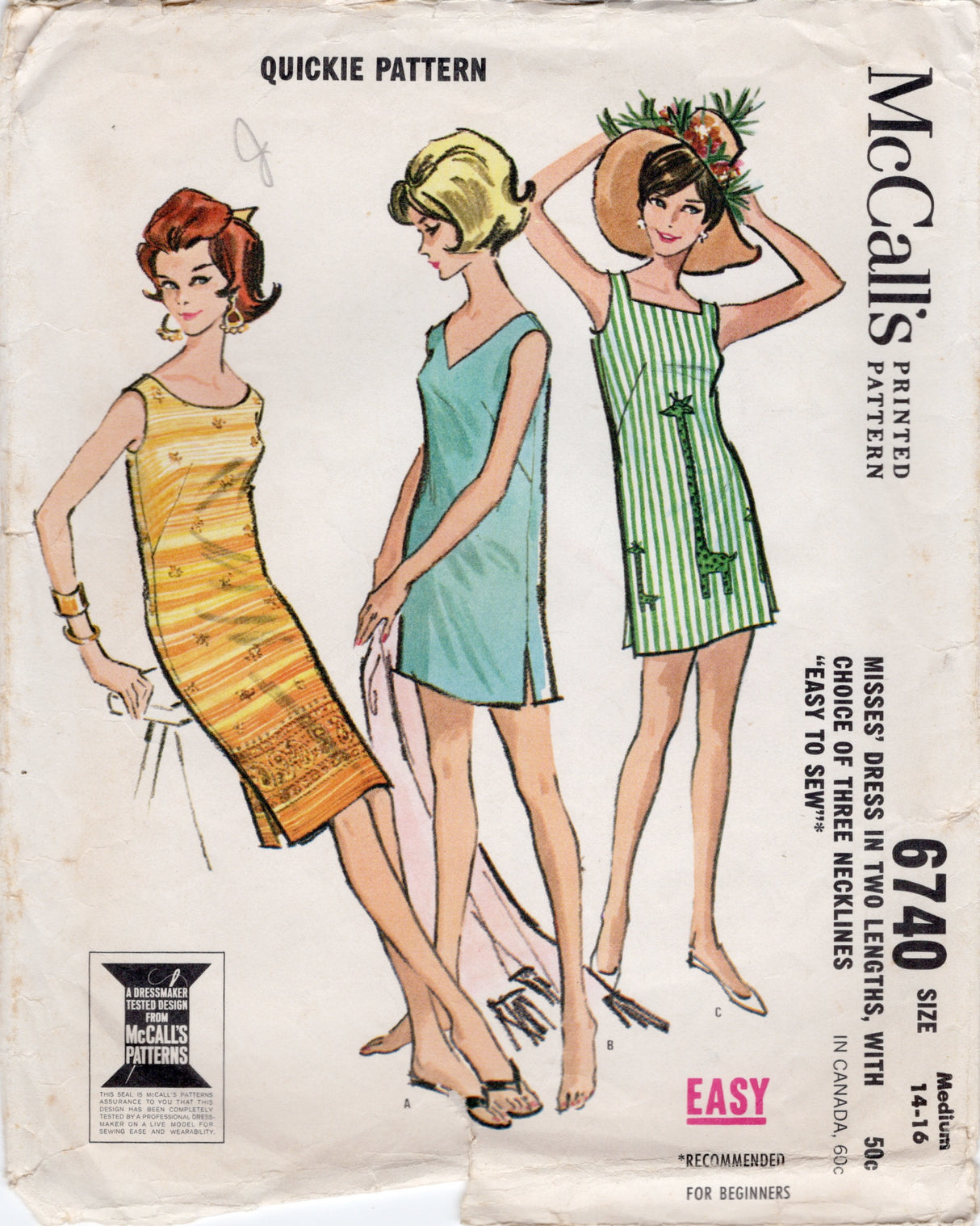 1960's McCall's Shift Dress with Three Necklines - Bust 34-36" - No. 6740