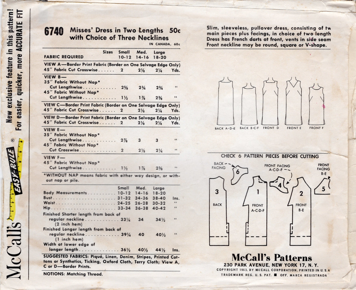 1960's McCall's Shift Dress with Three Necklines - Bust 34-36" - No. 6740