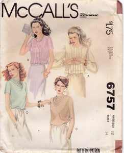1970's McCall's Pin Tuck or Cowl Neck Blouse pattern - Bust 34" - No. 6757