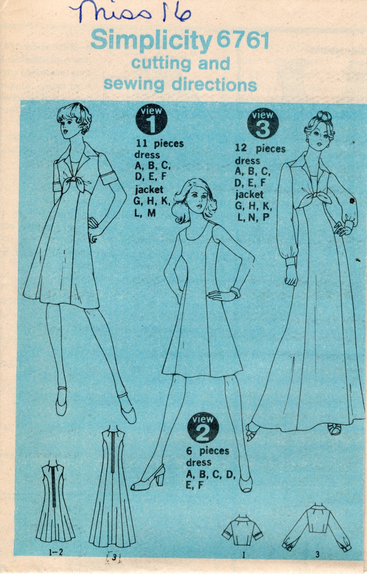 1970's Simplicity Princess Line Dress and Unlined Jacket pattern - Bust 38" - No. 6761
