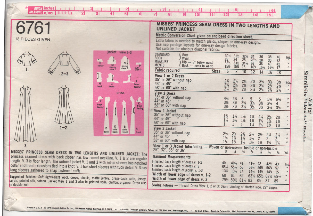 1970's Simplicity Princess Line Dress and Unlined Jacket pattern - Bust 38" - No. 6761