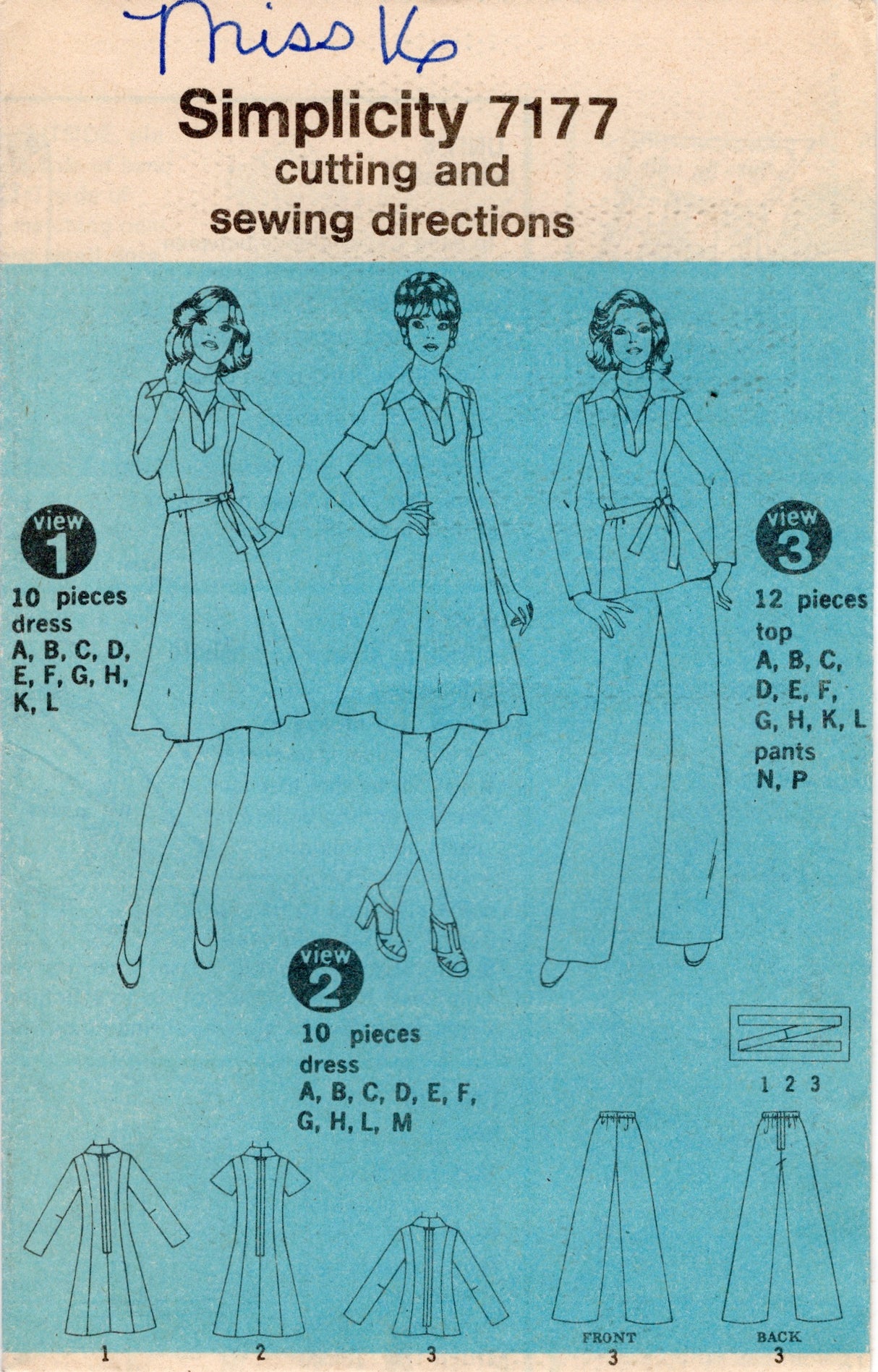 1970's Simplicity Princess Line Dress or Tunic and Pants pattern - Bust 38" - No. 7177