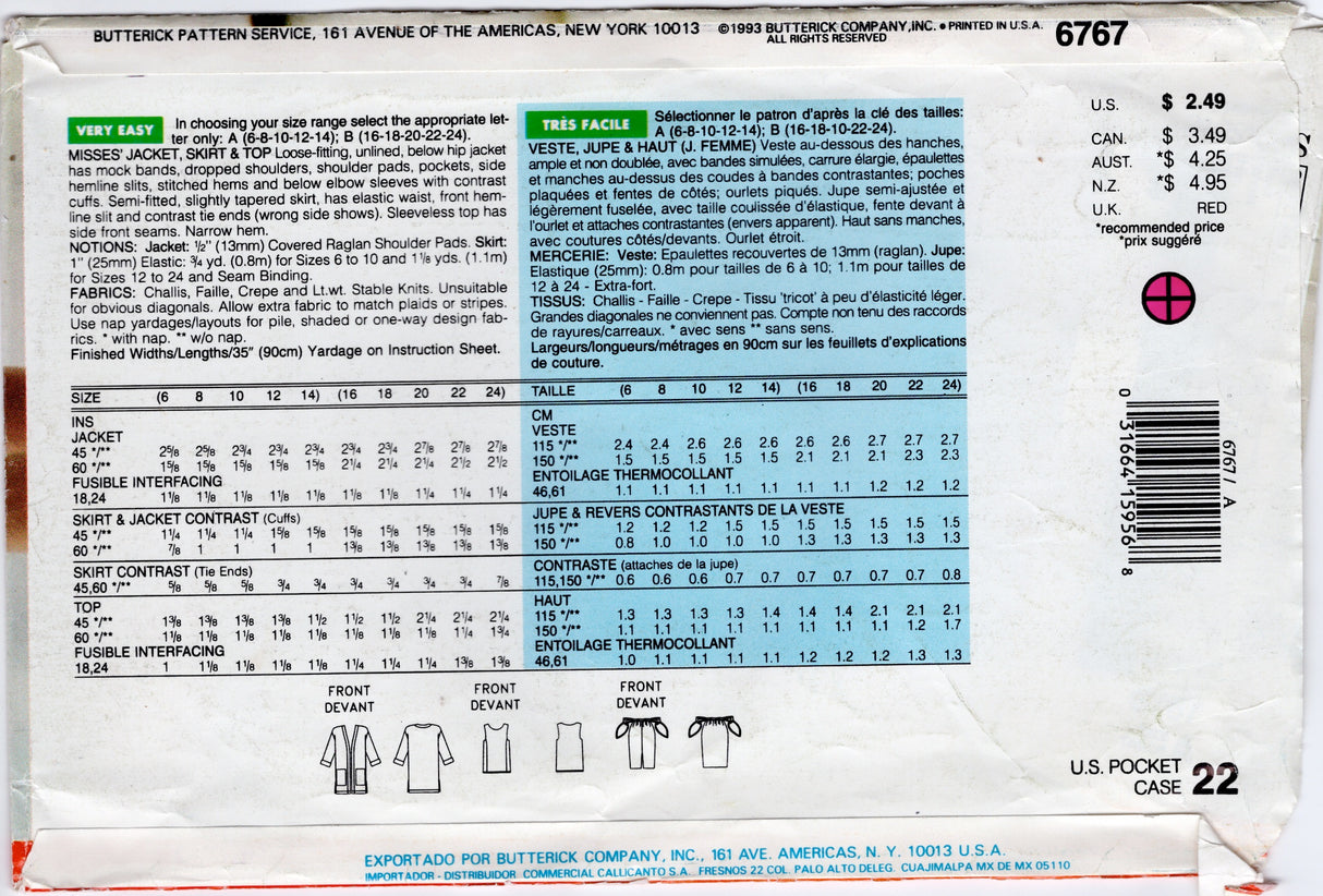 1990's See & Sew Butterick  Jacket, Skirt, and Top Pattern - Bust 30.5-36" - No. 6767