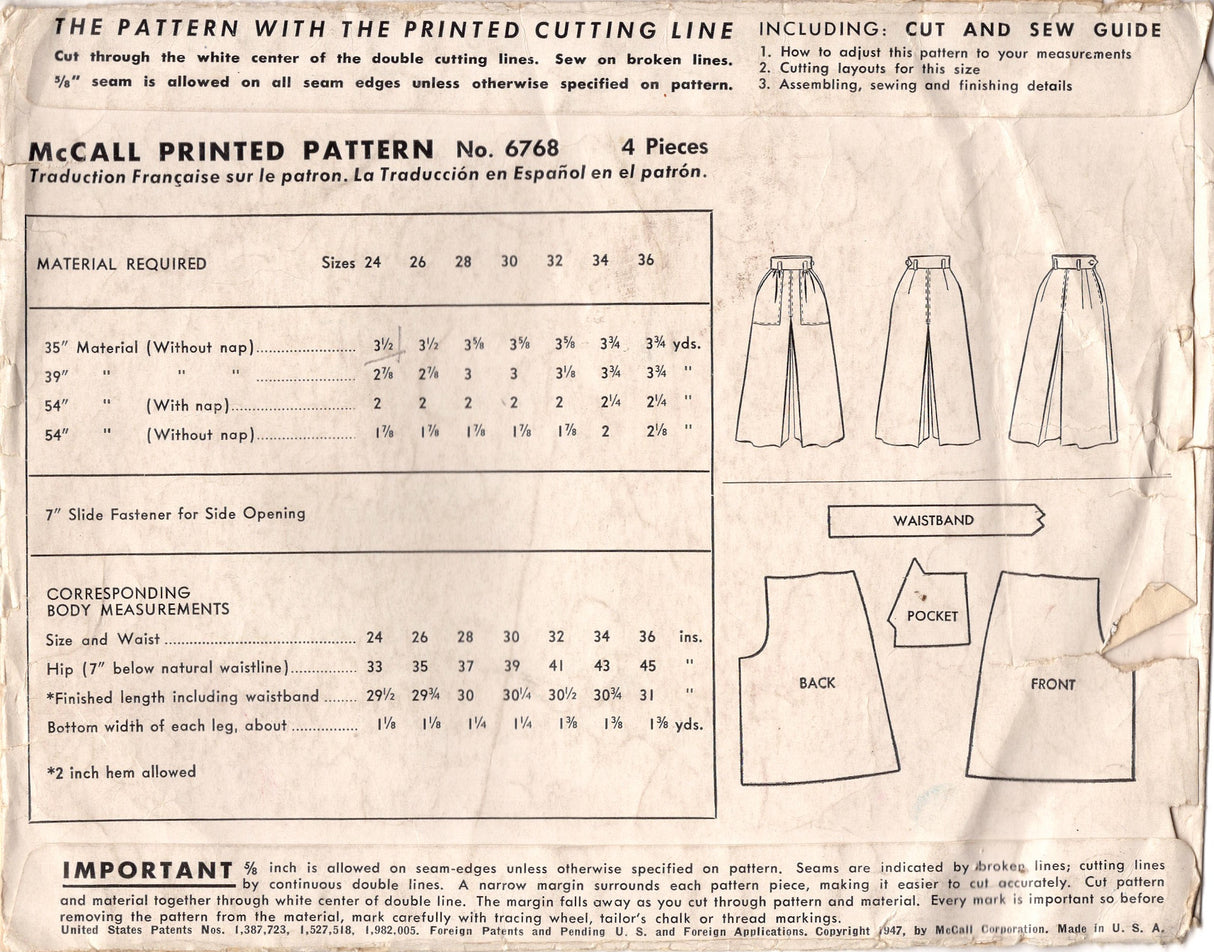 1940's McCall Culottes pattern - Waist 24" - no. 6768