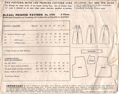 1940's McCall Culottes pattern - Waist 24" - no. 6768