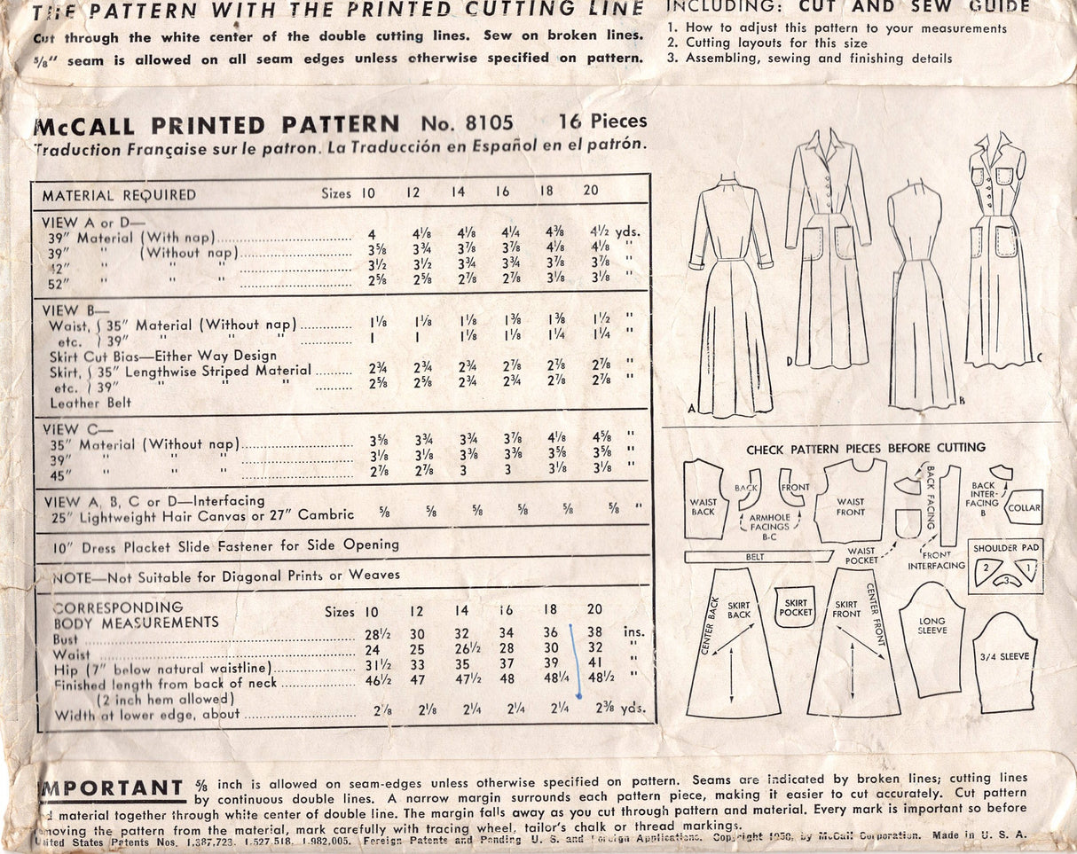1950's McCall's Shirtwaist Dress Pattern and Bodice and Skirt Pockets - Bust 36" - No. 8105
