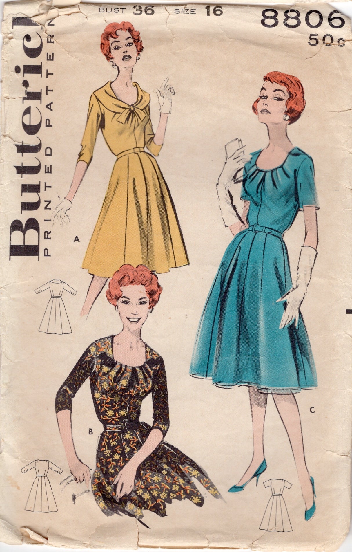 1960's Butterick Softly Draped Neckline Dress Pattern - Bust 36" - No. 8806