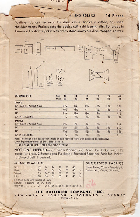 1950's Butterick Suntime Dress and Bolero Jacket Pattern - Bust 32" - No. 6904