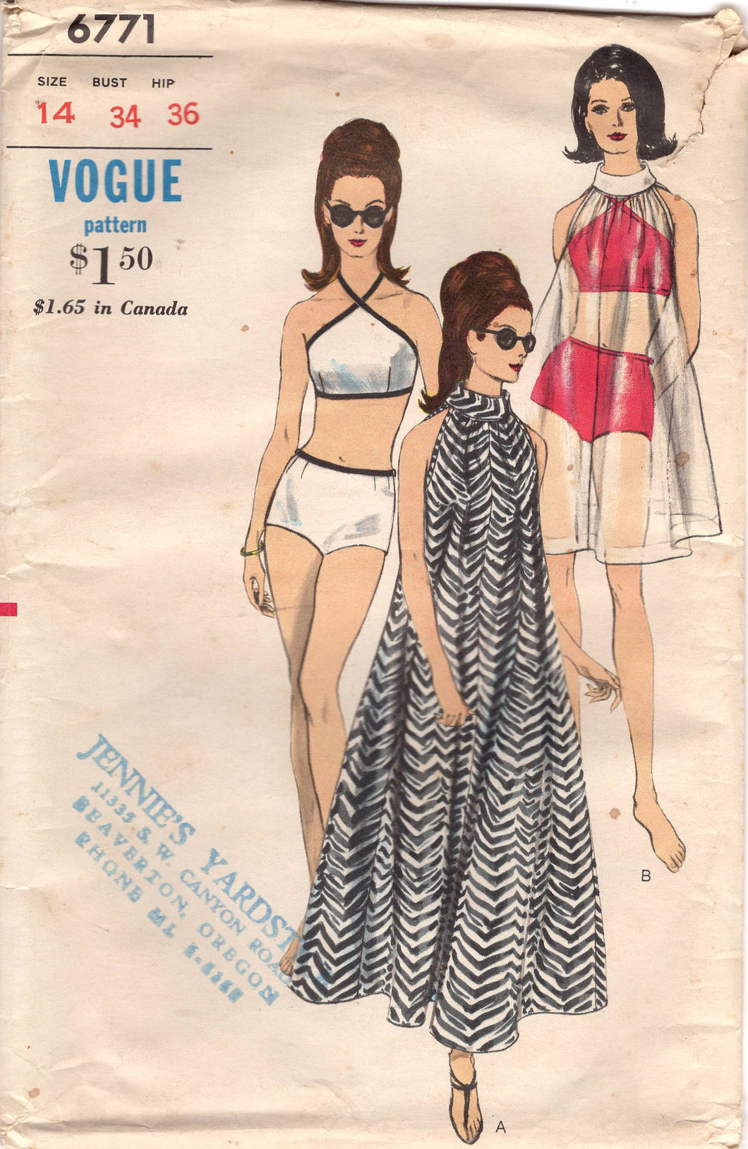 1960's Vogue Two Piece Swimsuit and Maxi or Midi Cover Up with Mandarin Collar - Bust 34