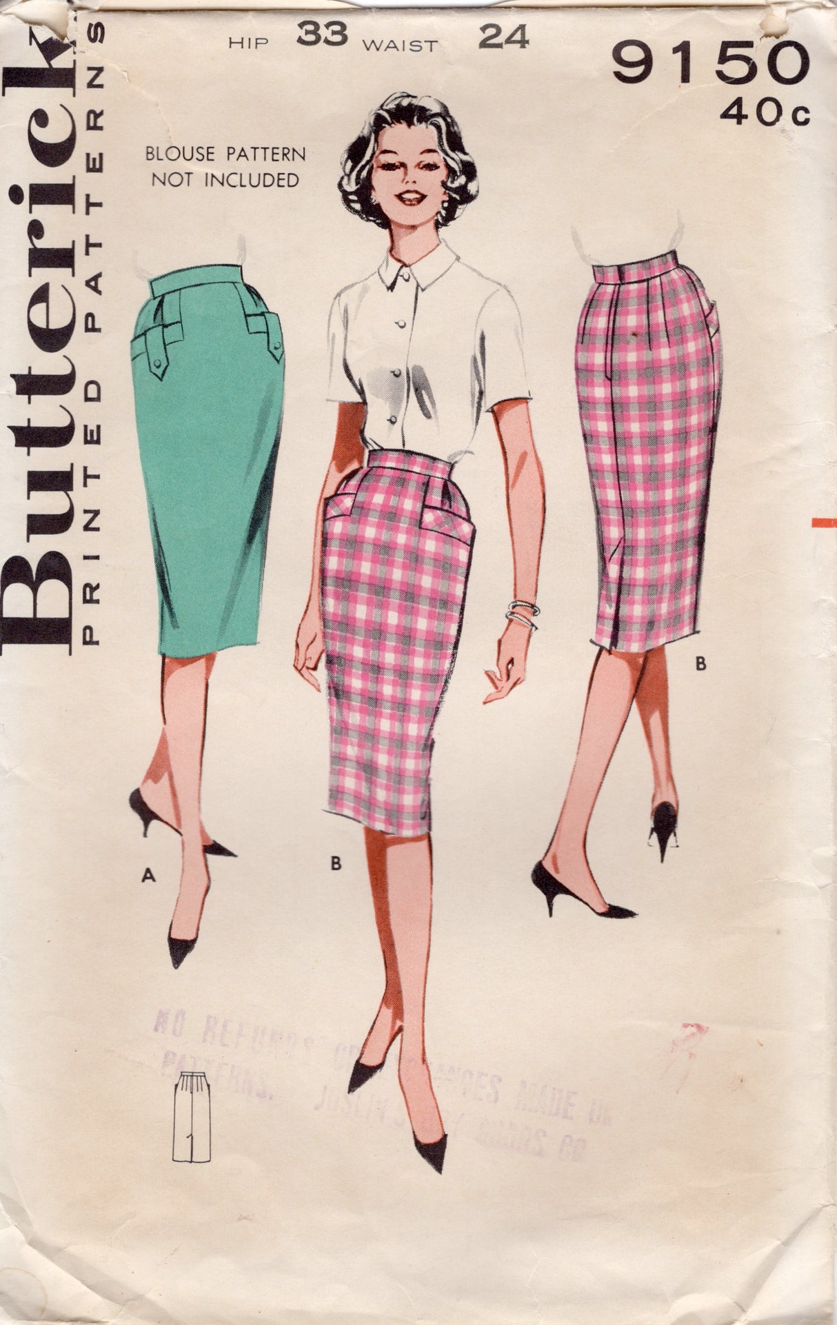 1950's Butterick Skirt Pattern with pockets - Waist 24" - No. 9150