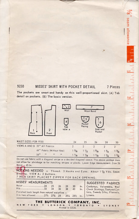 1950's Butterick Skirt Pattern with pockets - Waist 24" - No. 9150