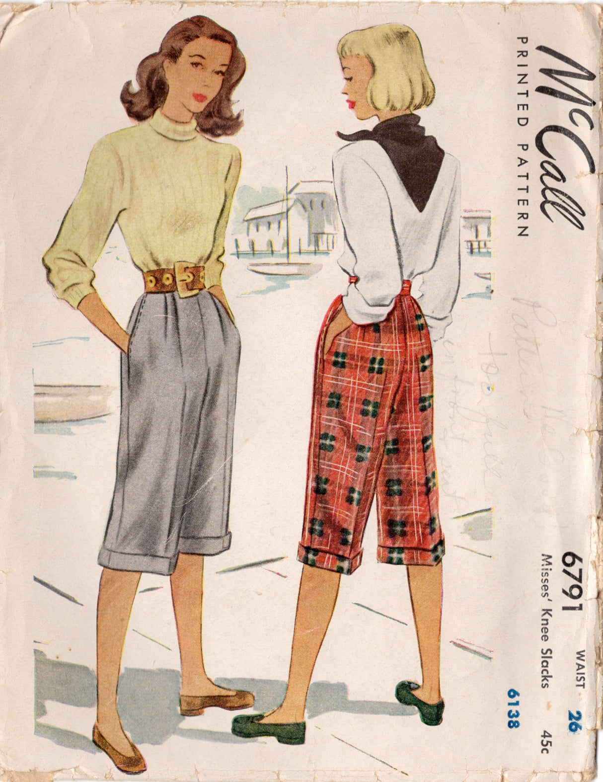 1940's McCall Knee Slacks (Capri pants) Pattern - Waist 26" - No. 6791