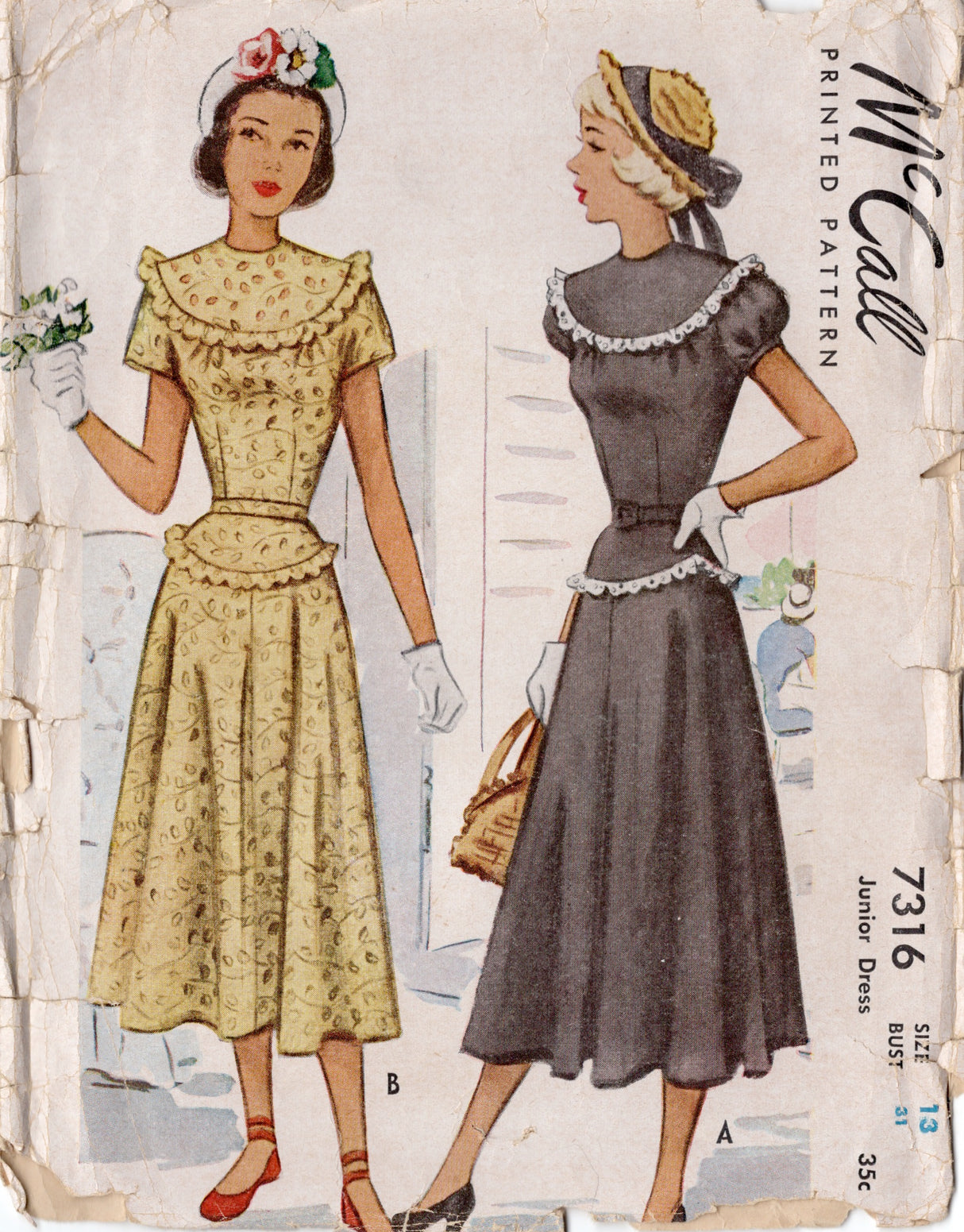 1940's McCall Yoked Dress Pattern with Puff or Straight Sleeves - Bust 31" - No. 7316