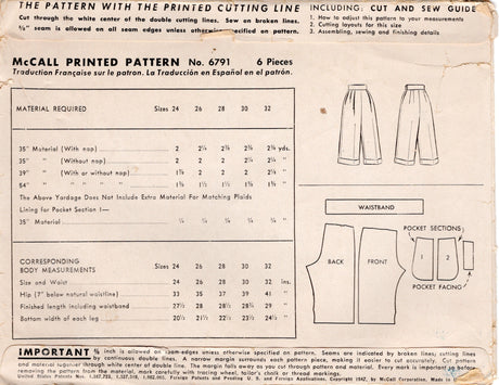1940's McCall Knee Slacks (Capri pants) Pattern - Waist 26" - No. 6791