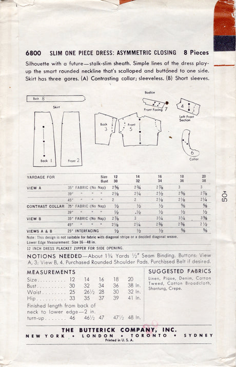 1950's Butterick Asymmetrical Bodice Dress Pattern - Bust 36" - No. 6800