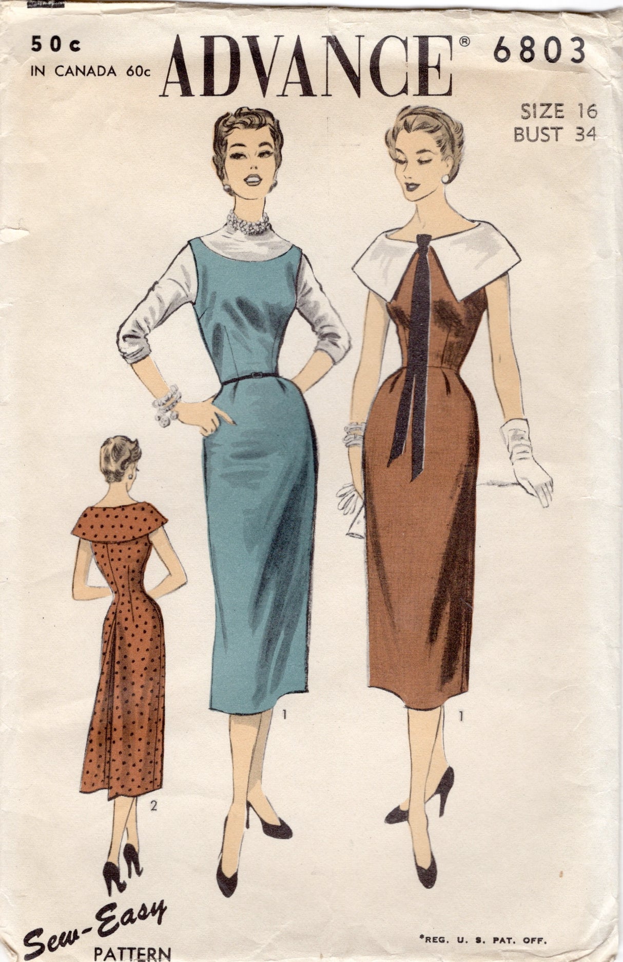 1950's Advance Sheath Jumper Dress pattern with Large Collar - Bust 34" - No. 6803