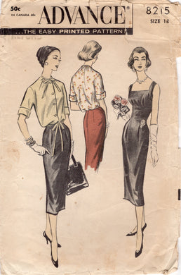 1950's Advance Sheath Dress with Square Neckline and Button Up Drawstring Blouse pattern - Bust 38