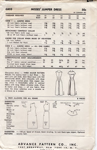 1950's Advance Sheath Jumper Dress pattern with Large Collar - Bust 34" - No. 6803