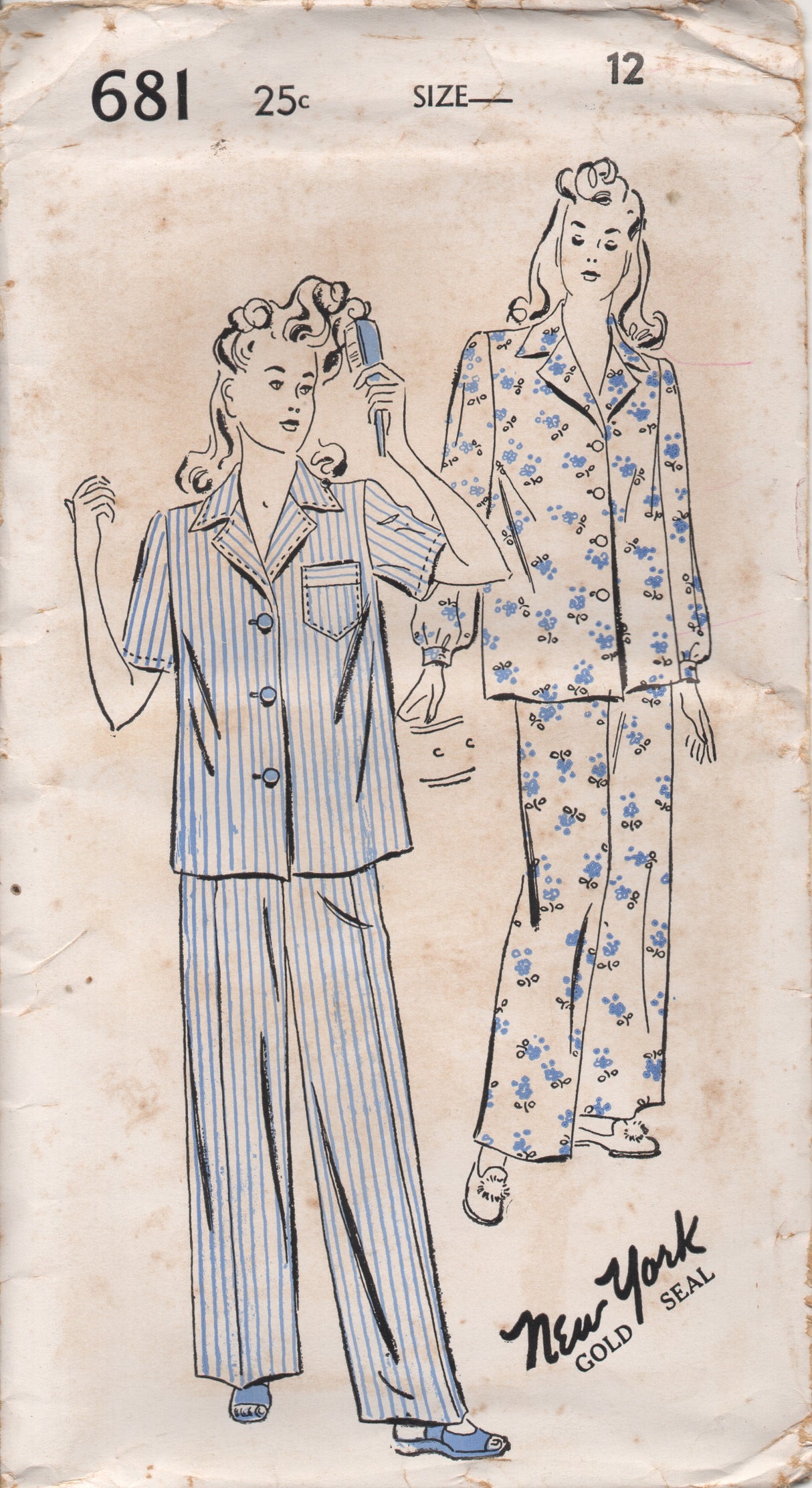 1940's New York Two Piece Pajama Pattern with Patch Pocket - Bust 30-34" - No. 681