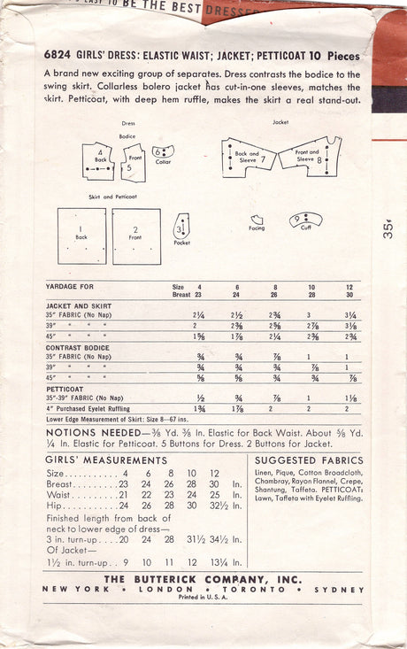 1950's Butterick Girl's Fit and Flare Dress, Petticoat, and Bolero pattern - Size 10 - Breast 28" - No. 6824