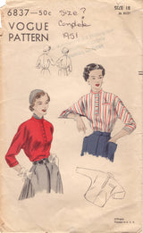 1940's Vogue Blouse Pattern with Dolman Sleeves - Bust 36" - no. 6837