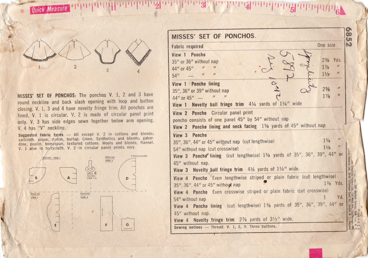 1960's Simplicity Poncho Pattern in 4 Styles - One Size - No. 6852